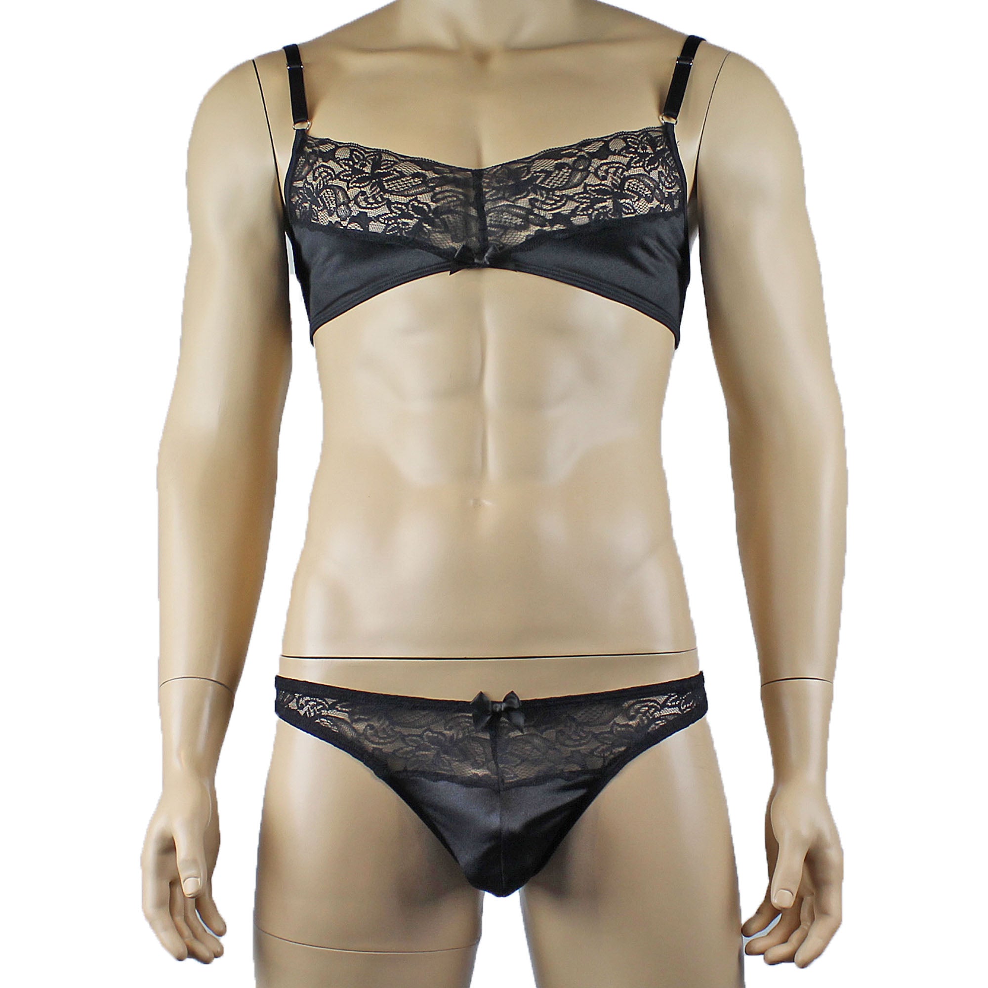 Male Romance Stretch Spandex Bra, G string Thong & Garterbelt Black