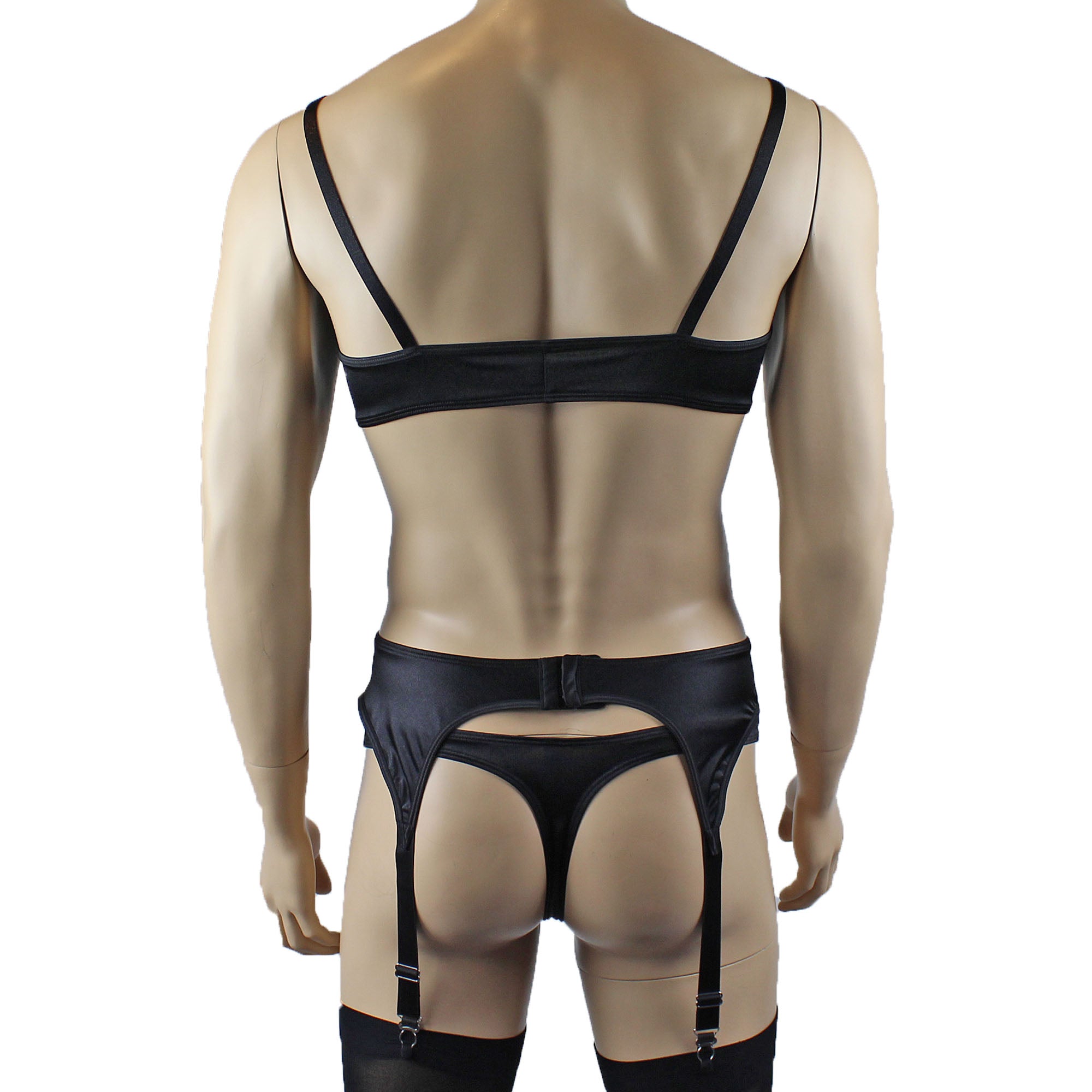 Male Romance Stretch Spandex Bra, G string Thong & Garterbelt Black