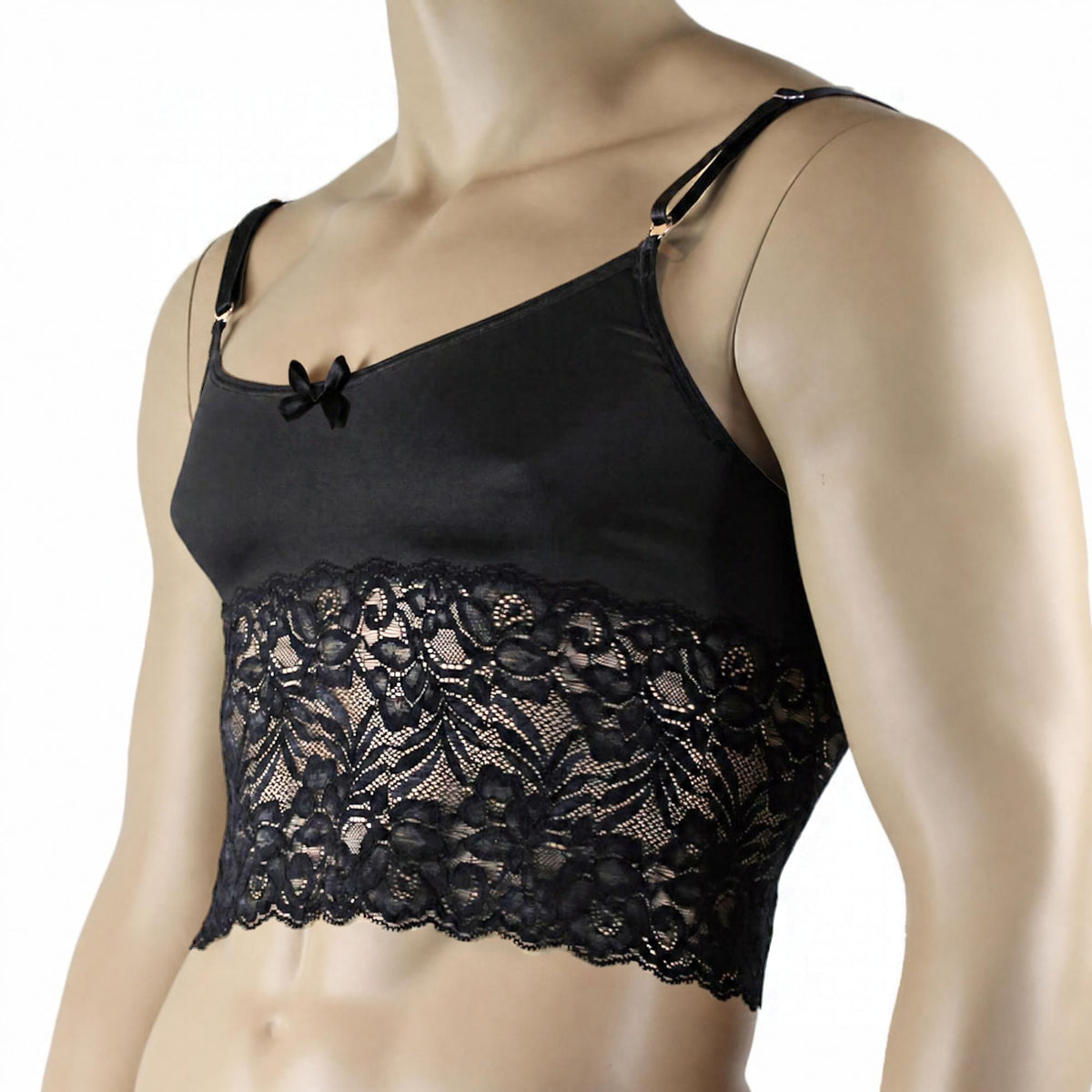 Mens Risque Camisole Bra Top with Wide Lace Trim Black