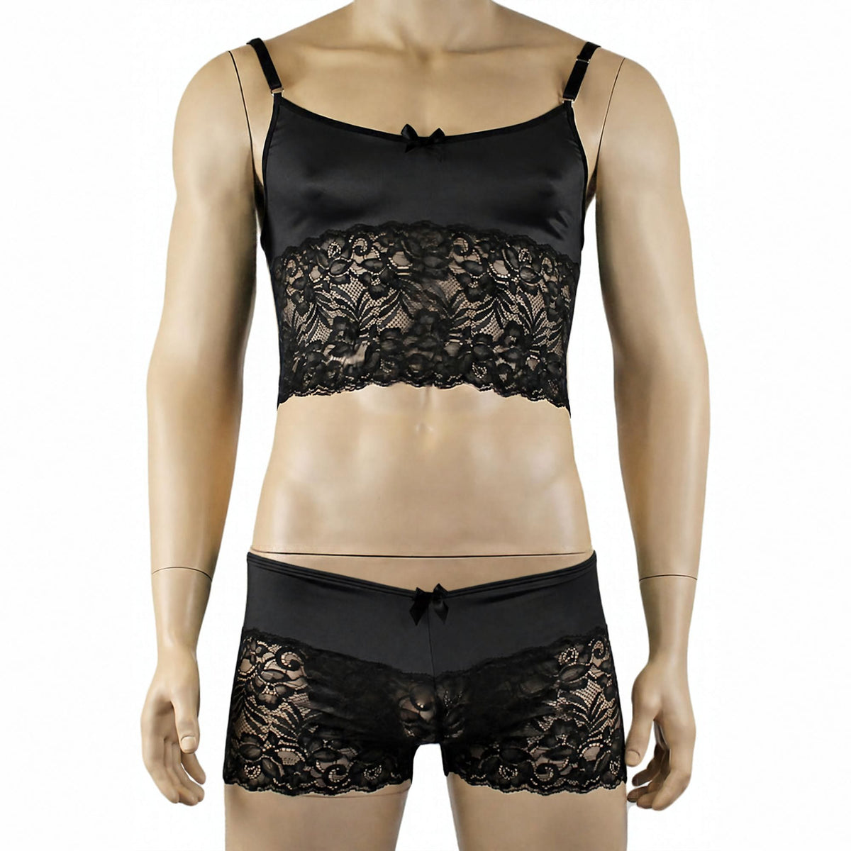 Mens Risque Camisole Top Boxer Briefs with Garters Black & Black Lace