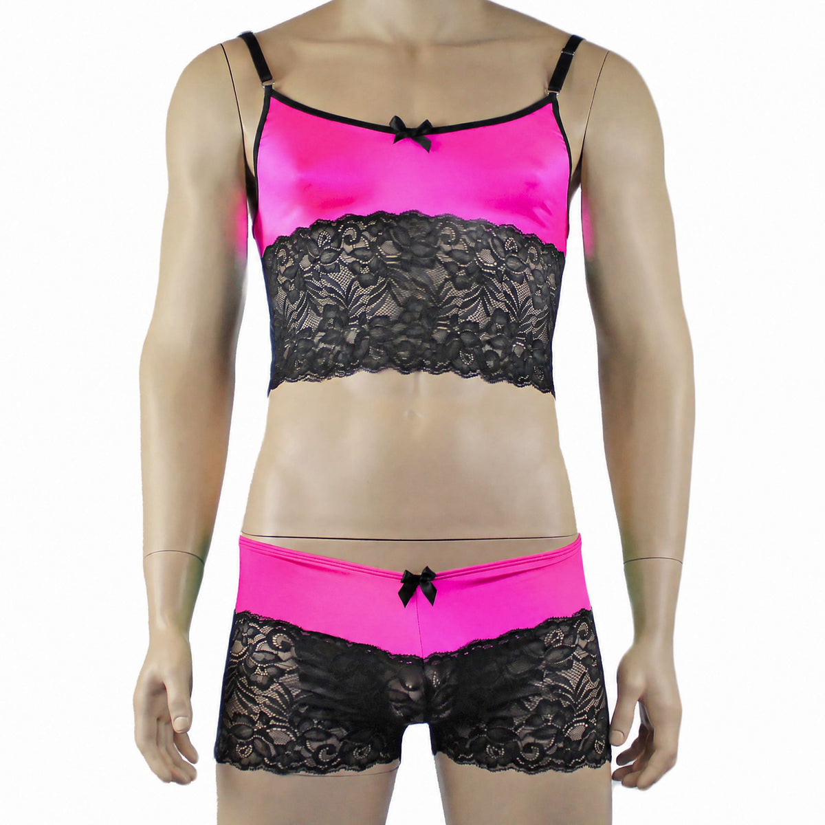 Mens Risque Camisole Top Boxer Briefs with Garters Neon Pink & Black Lace