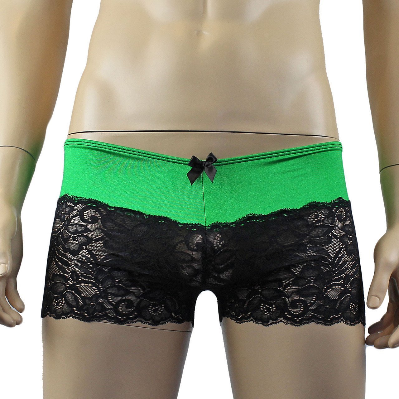 Mens Risque Bra Top, Boxer Briefs with Detachable Garters & Stockings (green and black plus other colours)