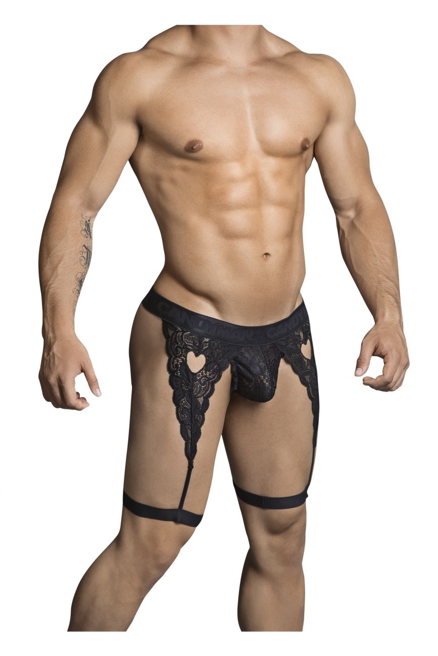 CandyMan 99310 Thong with Attached Garters Black