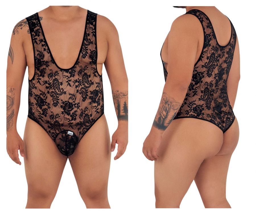 CandyMan 99380X Lace Bodysuit Black Plus Sizes