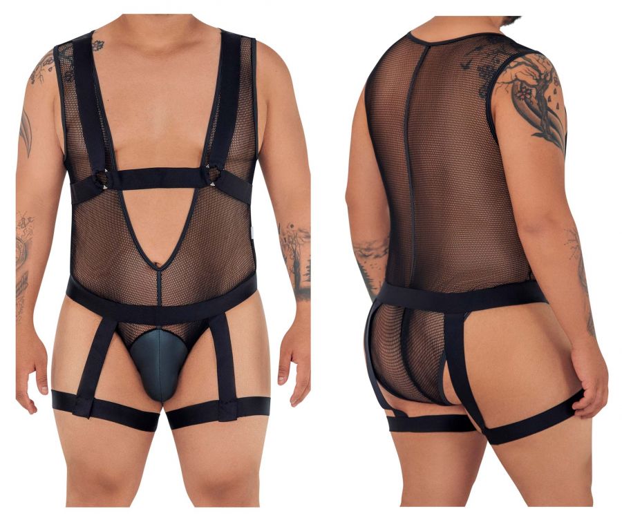 CandyMan 99529X Mesh Garter Bodysuit Black Plus Sizes