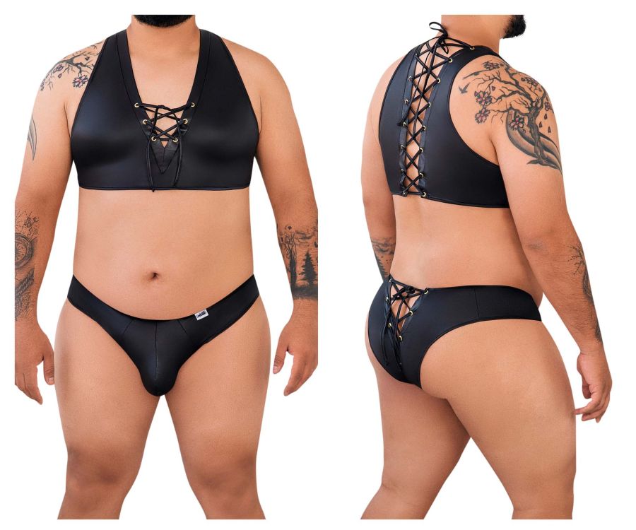 CandyMan 99628X Criss-Cross Top and Brief Set Black Plus Sizes