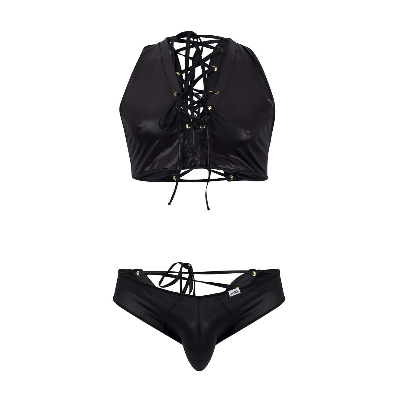 CandyMan 99628X Criss-Cross Top and Brief Set Black Plus Sizes