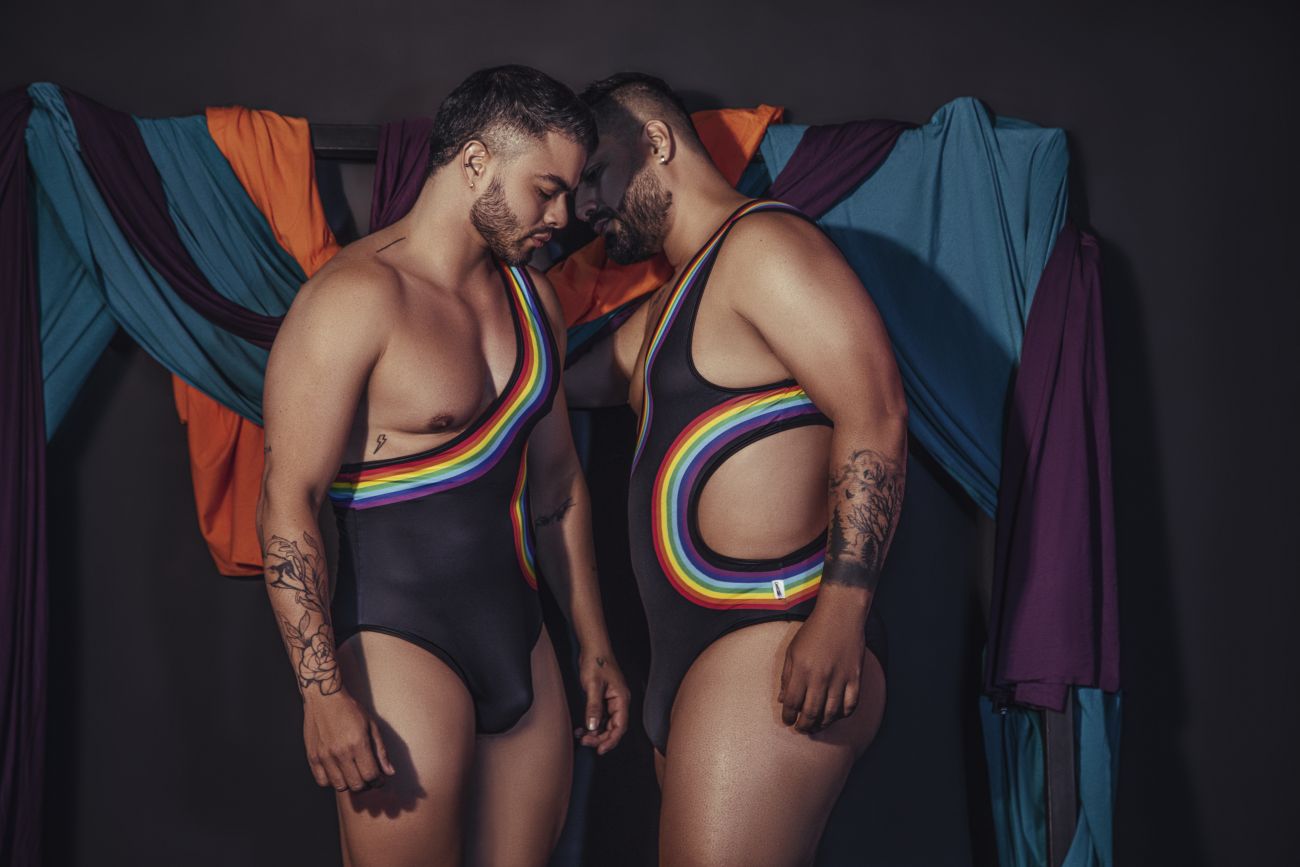 CandyMan 99702X Rainbow Bodysuit Black Plus Sizes