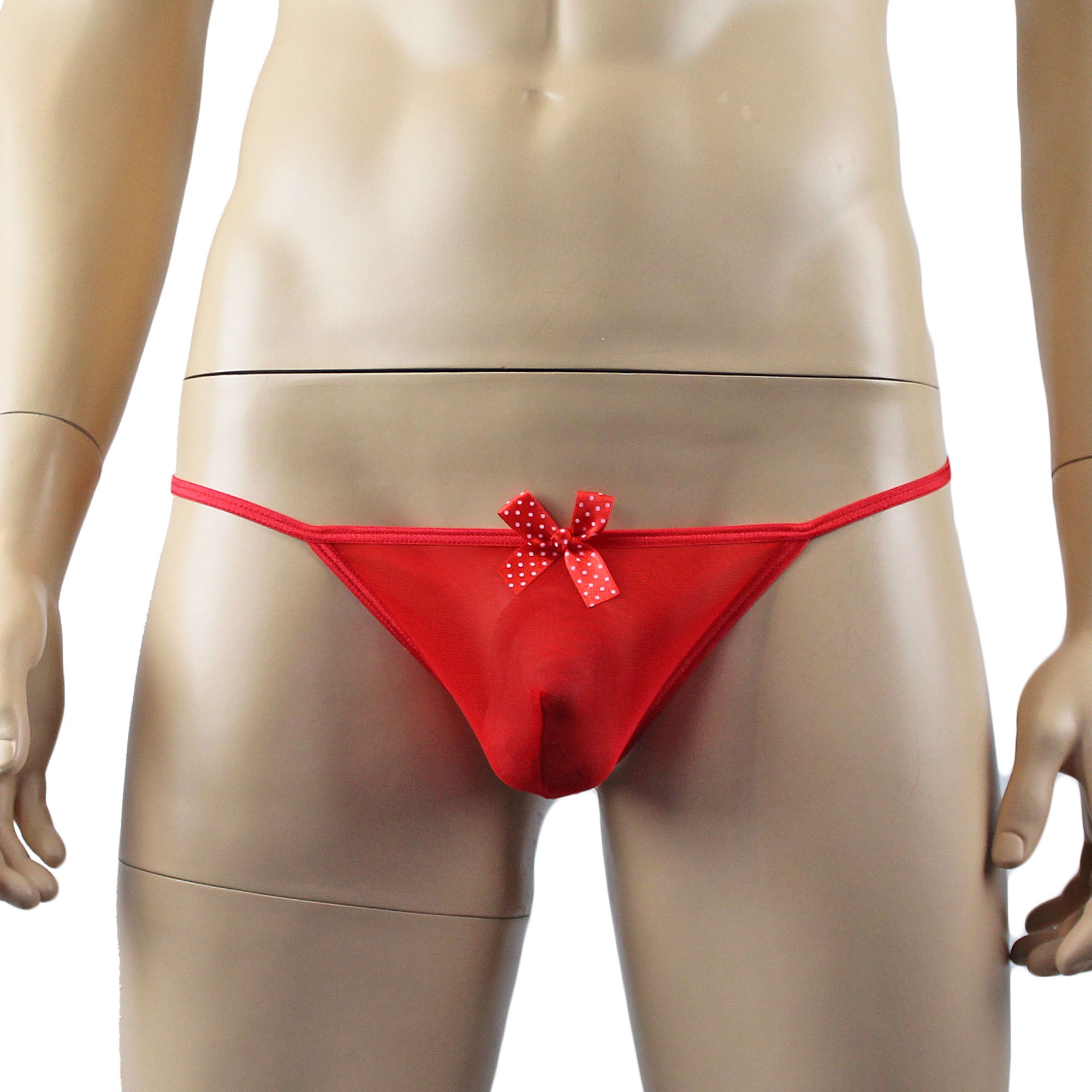 Mens Dotty Mesh Pouch G string with Dot Bow (red plus other colours)