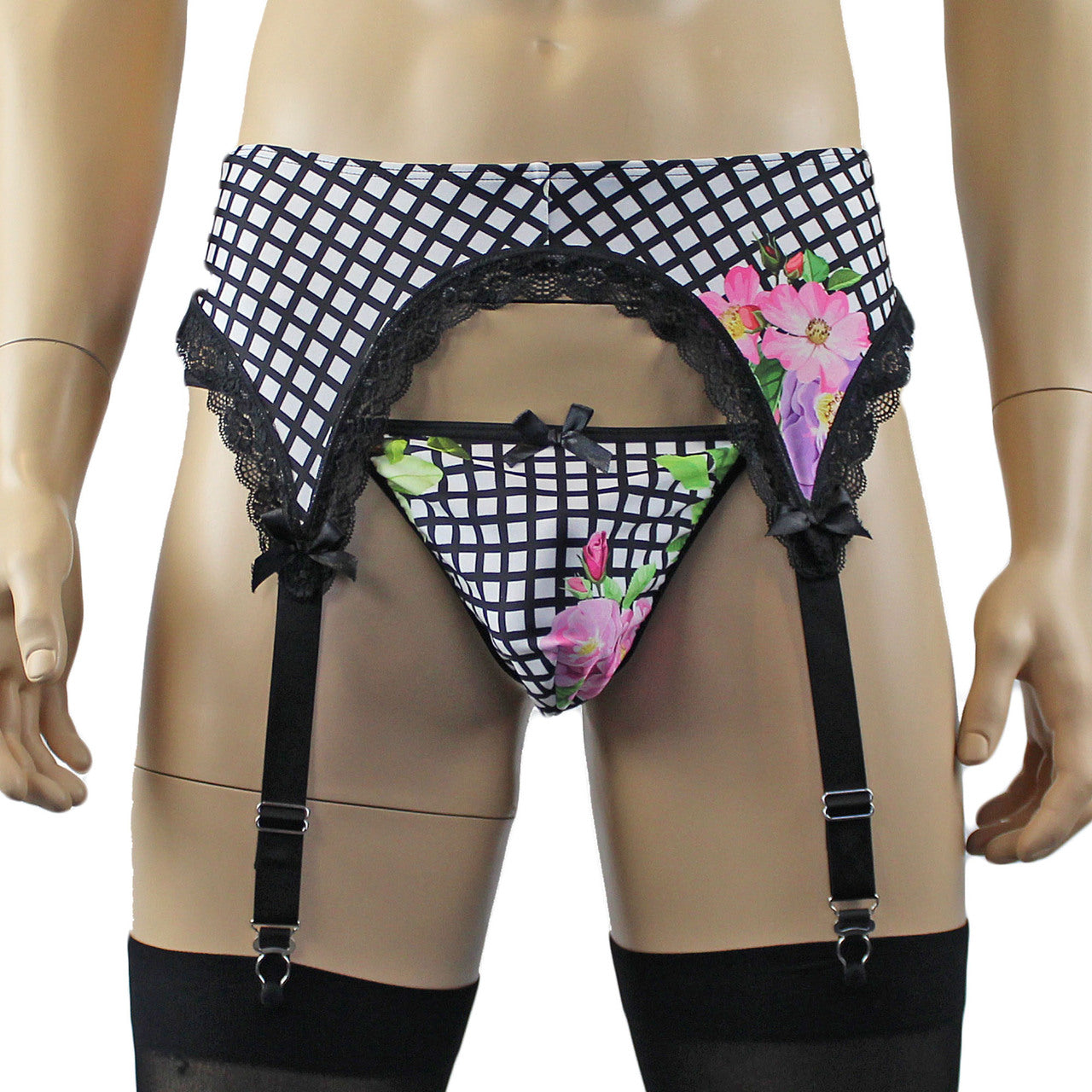 Mens Diana Garterbelt & G string Pouch in our Flower Checkered Print Spandex