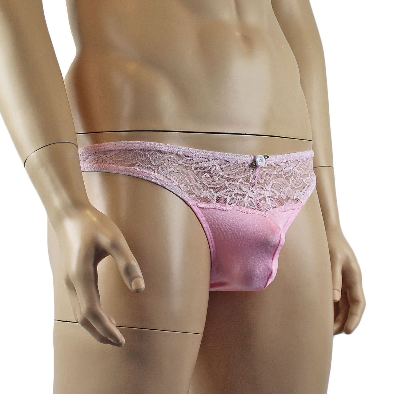 Male Penny Lingerie Stretch Spandex Capri Bikini with Lace Light Pink