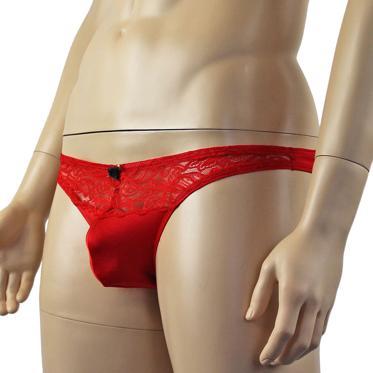 Male Penny Lingerie Stretch Spandex Capri Bikini with Lace Red