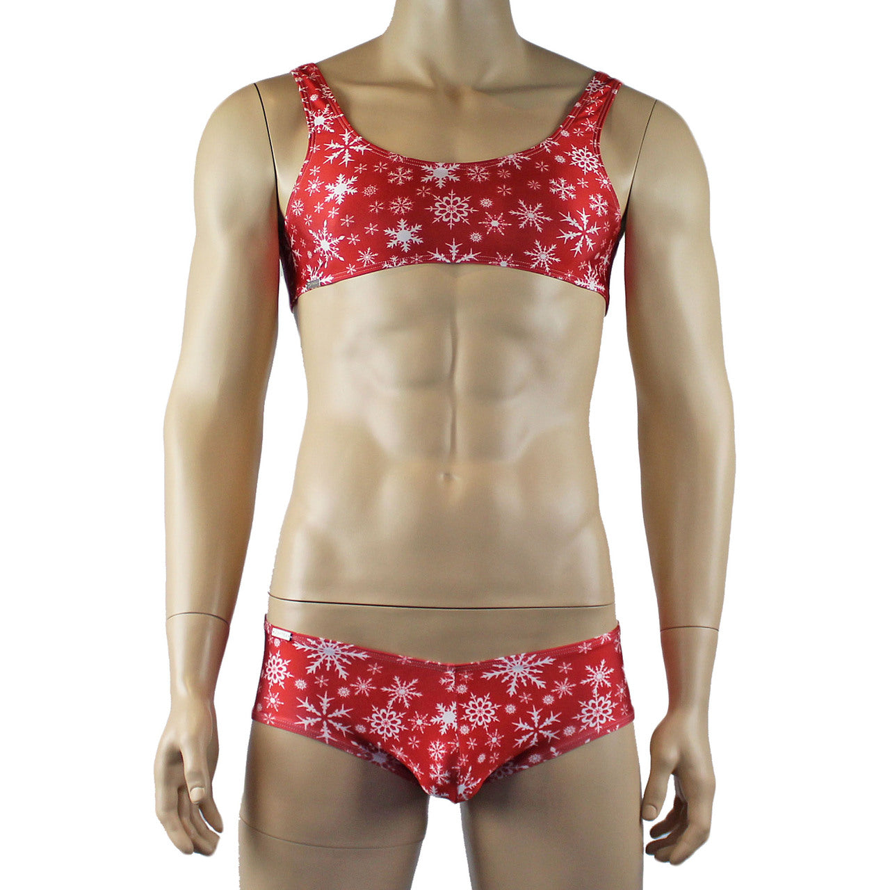 Mens Christmas Snowflake Bra Top & Low Rise Boxer Brief Red and White
