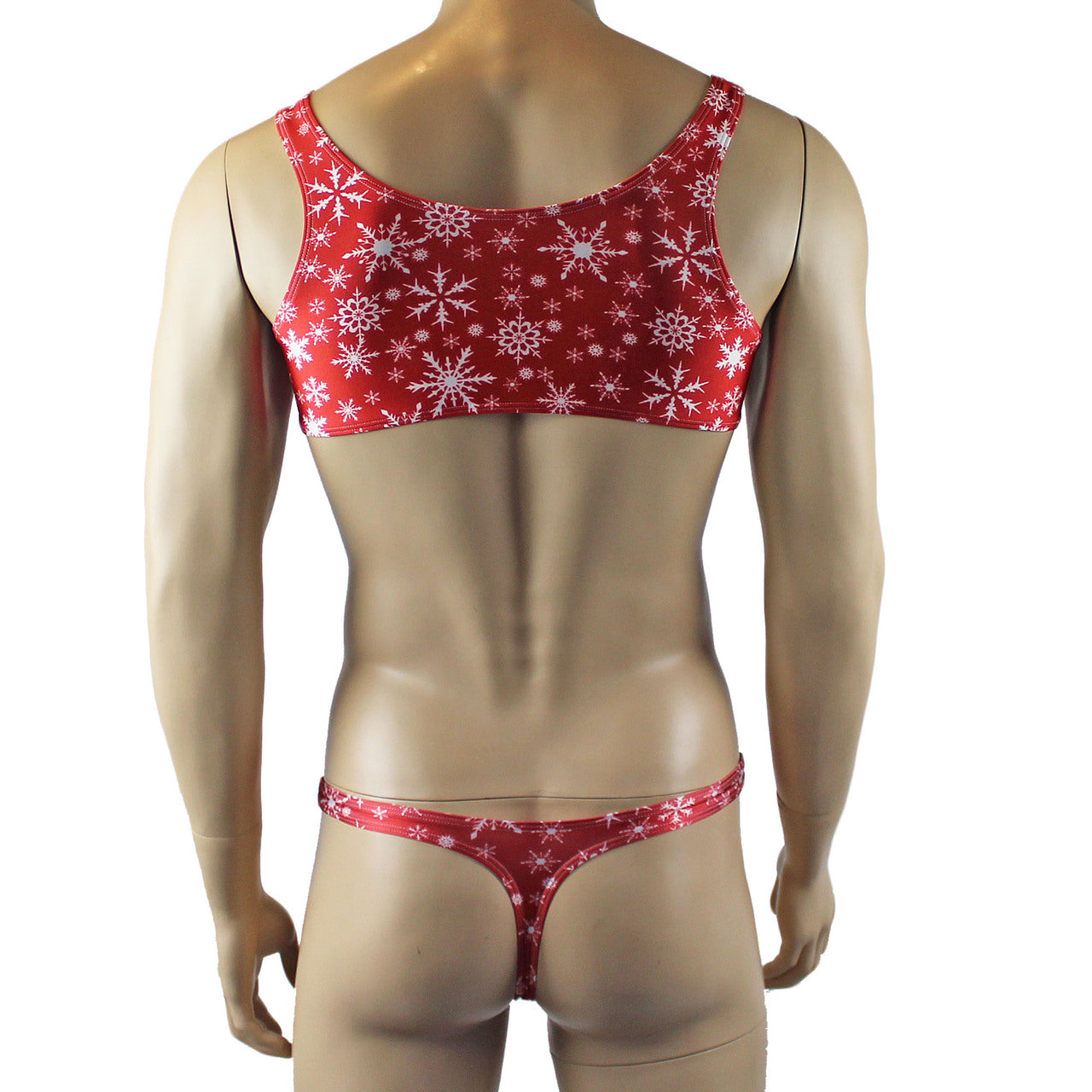 Mens Christmas Snowflake Bra Top & Low Cut Thong Red and White
