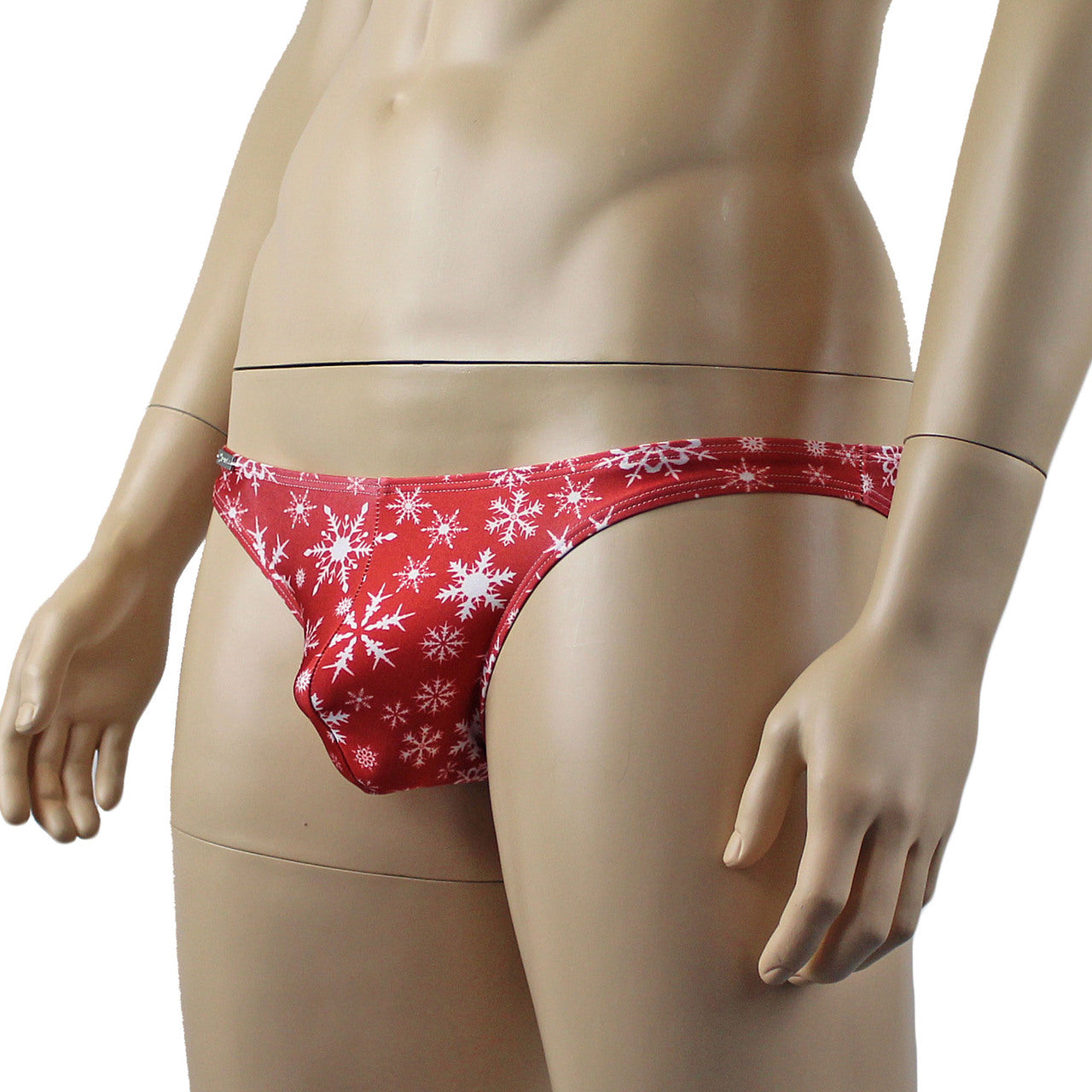 Mens Christmas Snowflake spandex Low Cut Brief with Sexy Back Red and White