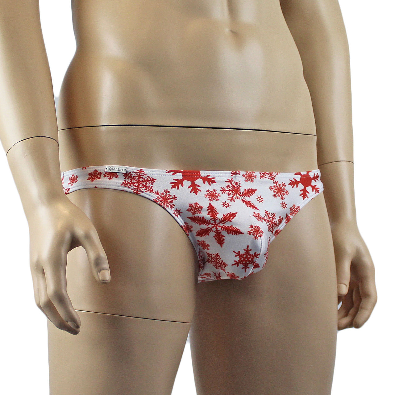 Mens Christmas Snowflake Print Spandex Low Cut Brief with Sexy Back White and Red