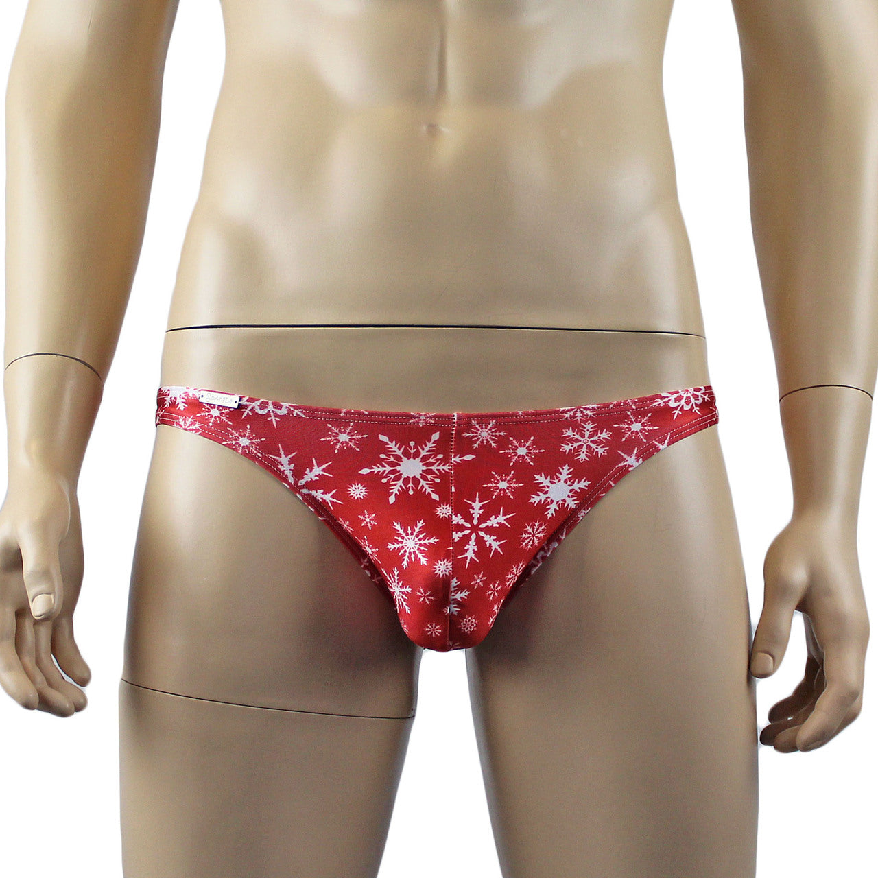 Mens Christmas Snowflake spandex Low Cut Brief with Sexy Back Red and White