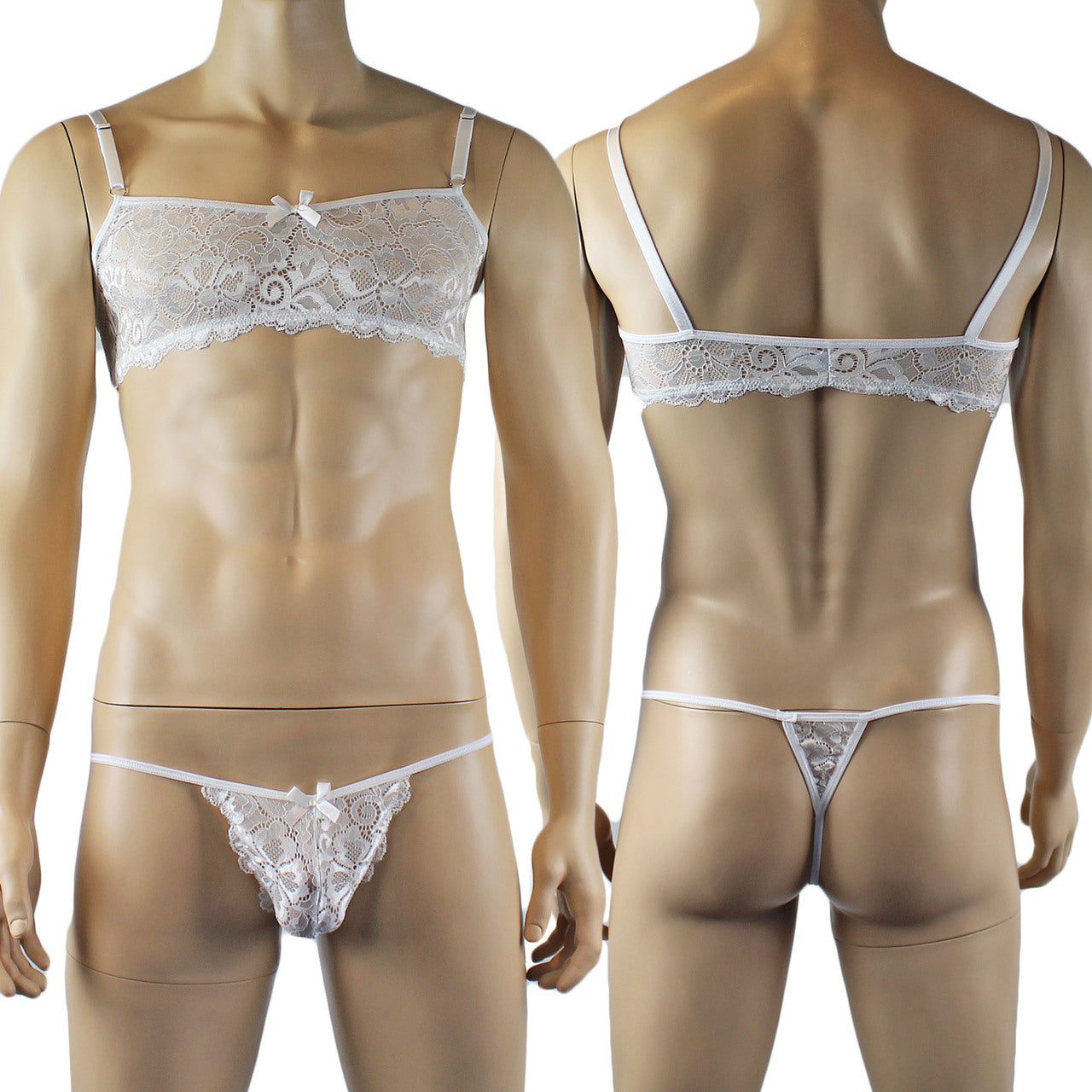 Mens Sweetheart Scalloped Shiny Lace Bra Top and G string White