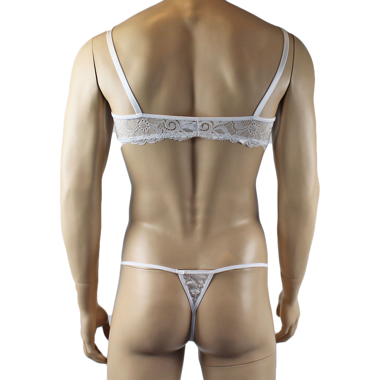Mens Sweetheart Scalloped Shiny Lace Bra Top and G string White