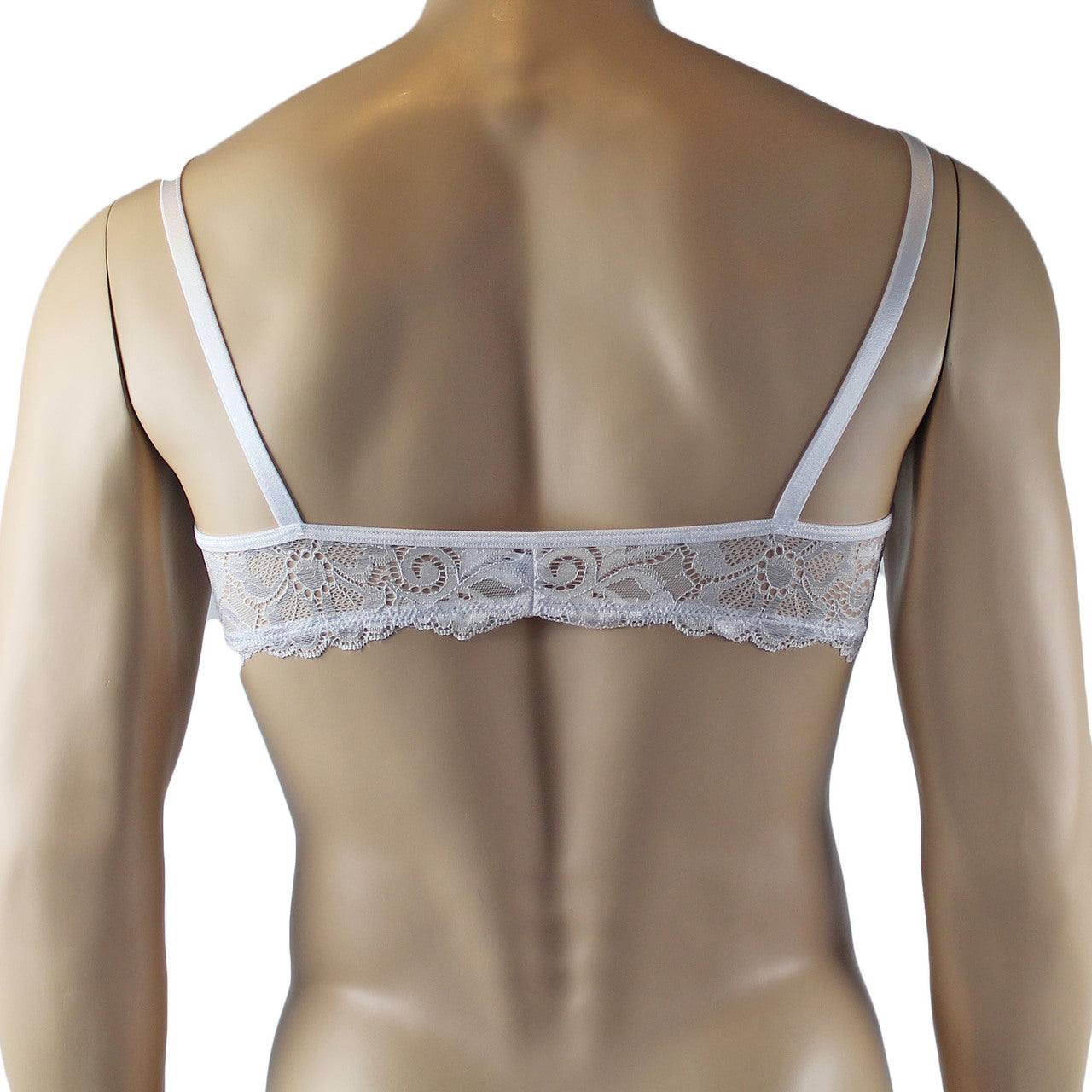 Mens Sweetheart Scalloped Shiny Lace Bra Top and G string White