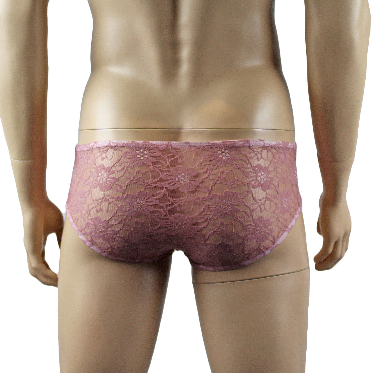 Mens Sexy Lingerie Stretch Lace  Male Panty Bikini Brief Dusty Pink