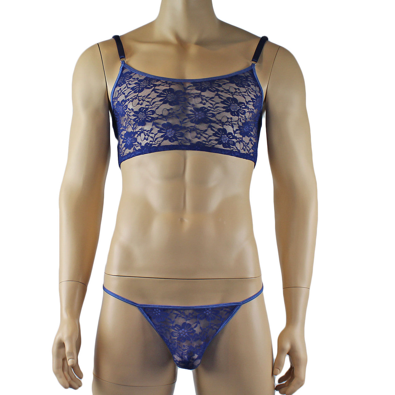 LAST ORDERS - Mens Sexy Lace Crop Bra Top Camisole and G string Male Lingerie Navy