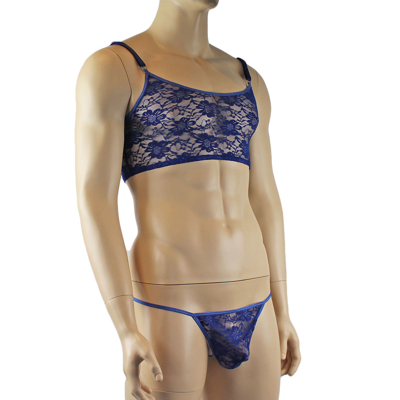 LAST ORDERS - Mens Sexy Lace Crop Bra Top Camisole and G string Male Lingerie Navy