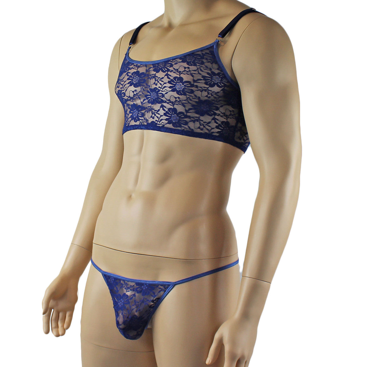 LAST ORDERS - Mens Sexy Lace Crop Bra Top Camisole and G string Male Lingerie Navy