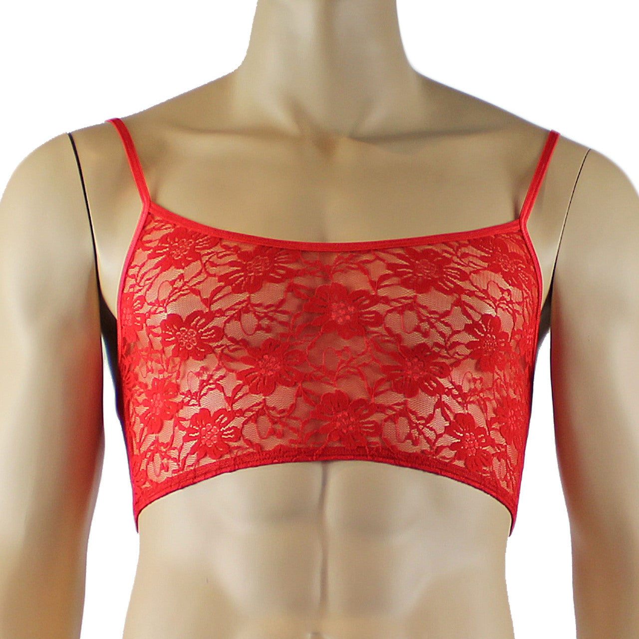 Mens Sexy Lace Crop Top Bra and Matching Lace Thong Red