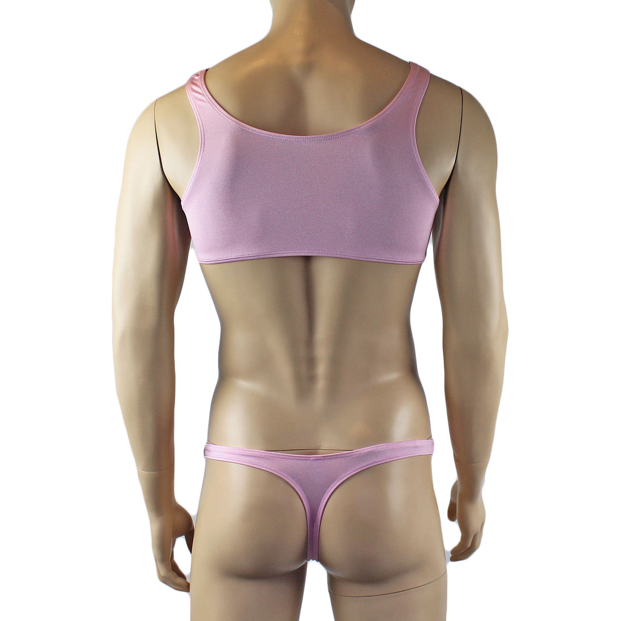 Male Angel Stretch Spandex Bra Top & Matching Thong with Bow Pink