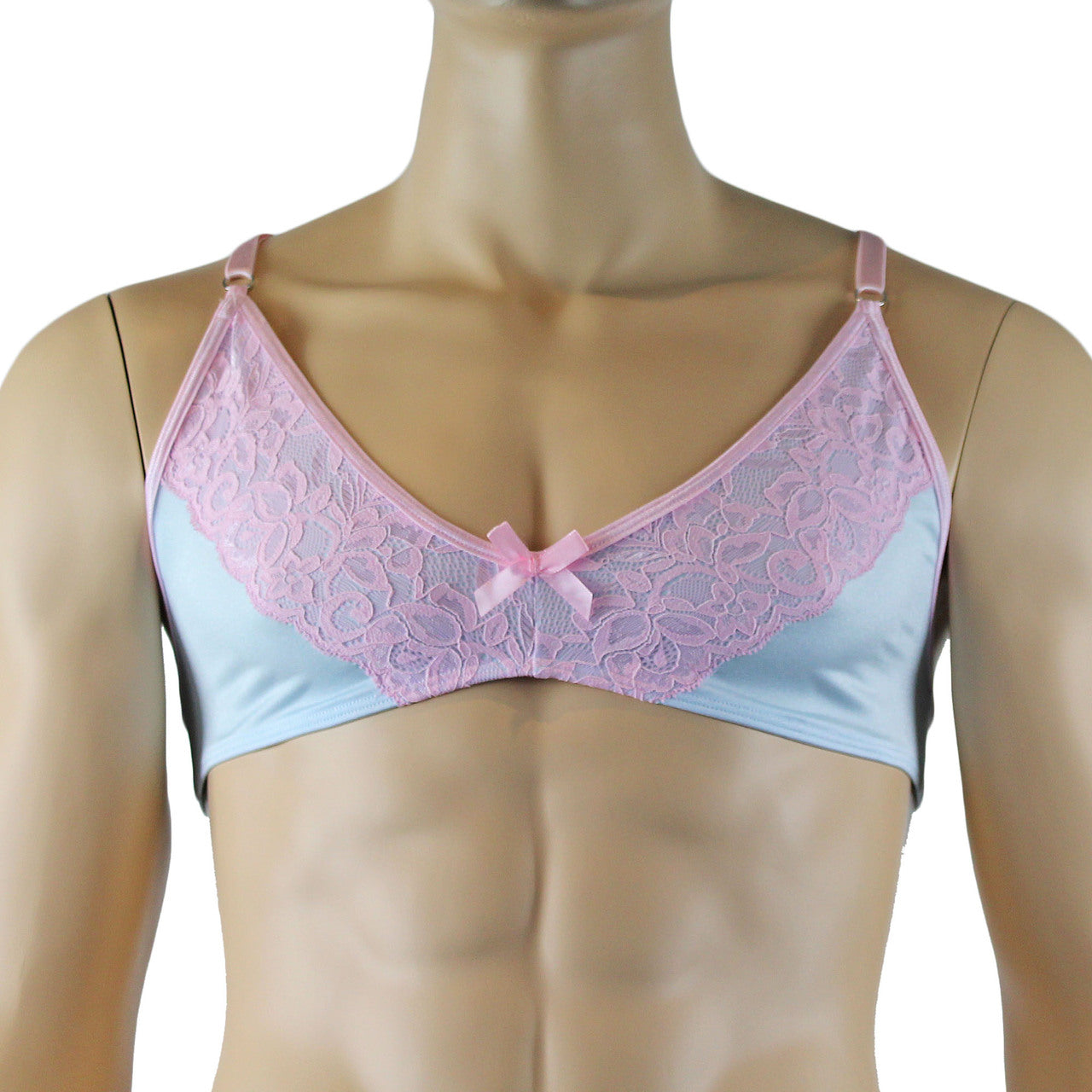 Mens Isabel Bra Top with Floral Lace Trim Male Lingerie Light Blue and Pink Lace