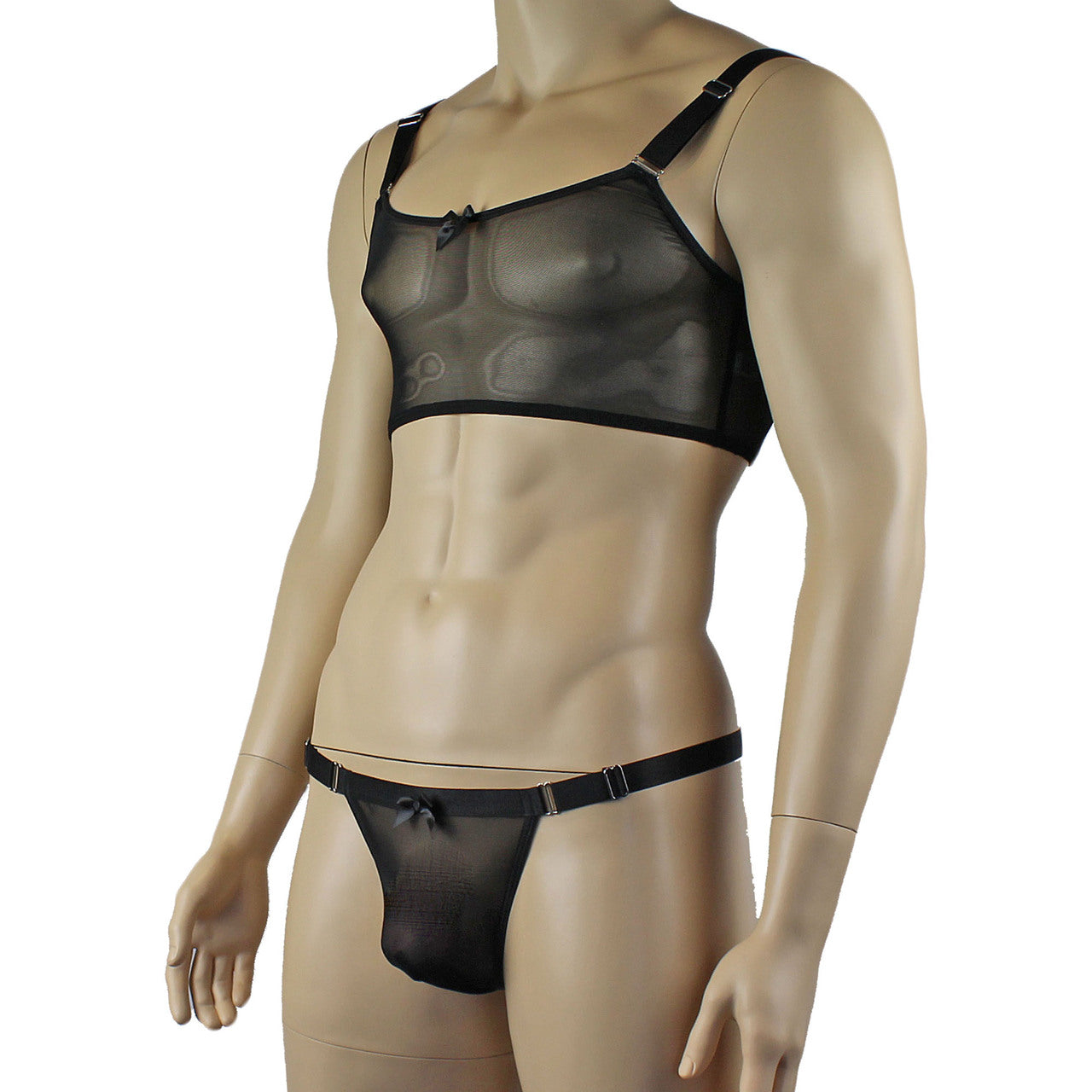 Mens Exotic Sheer Mesh Crop Bra Top Camisole & G string - Sizes up to 3XL Black