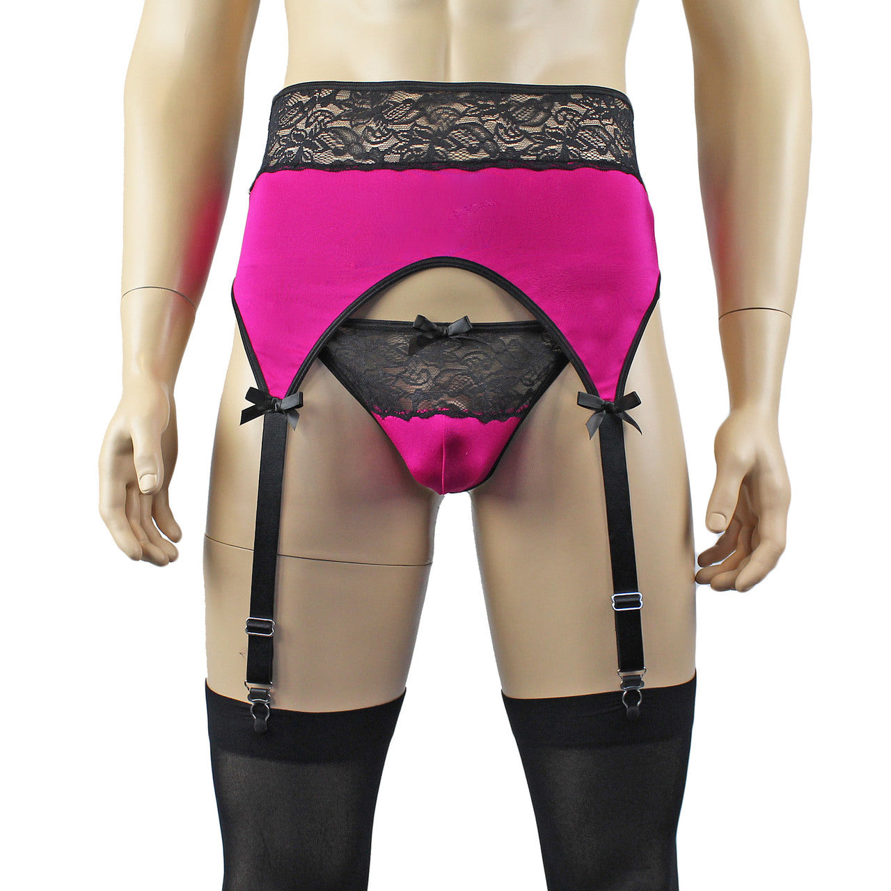 Mens Glamour Lycra & lace High Cut Garterbelt, G string & Stockings (raspberry plus other colours)