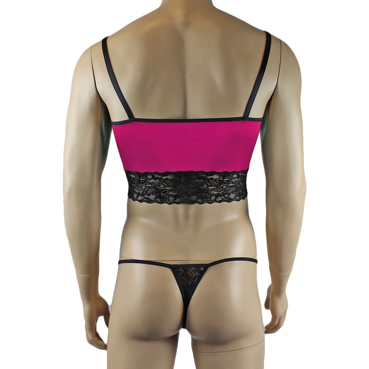 Mens Glamour Camisole Top and Pouch G string with Lace Trim (raspberry & black plus other colours)