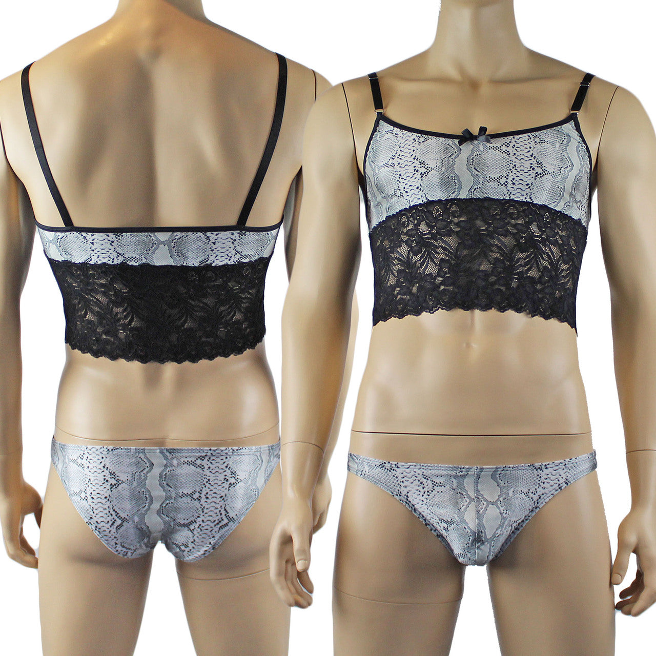 Mens Grey Snake Print & Black Lace Bra Top Camisole and Brief