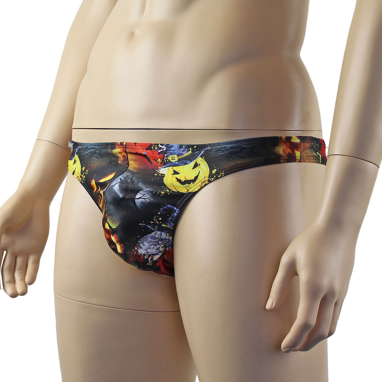 Mens Halloween Fire Breathing Pumpkins and Witches Full Front G string Thong