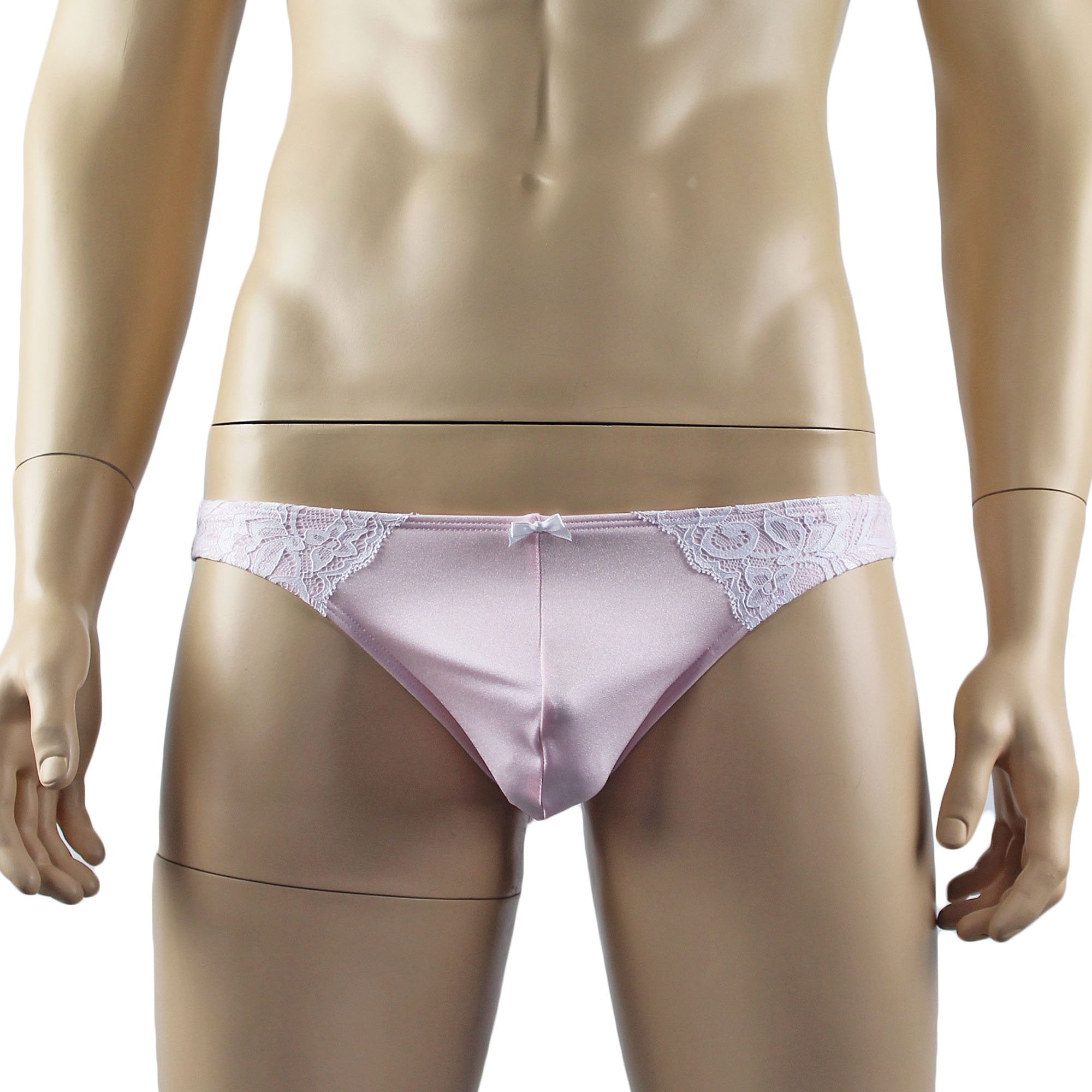 Mens Isabel Panty Stretch Spandex & Lace Bikini Brief with Sexy Back Light Pink and White Lace