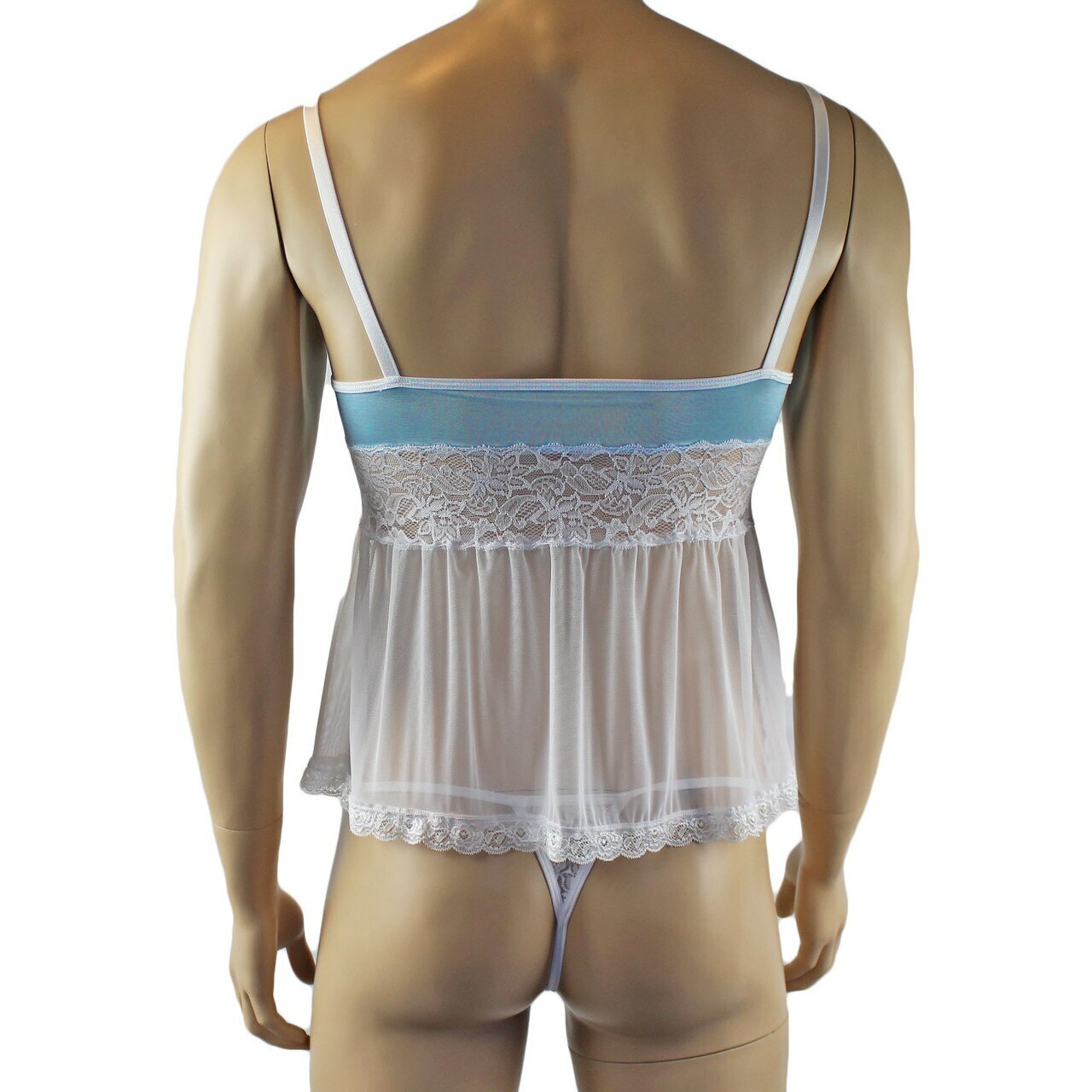 Mens Joanne Mini Babydoll Camisole & G string - Sizes up to 3XL Light Blue and White