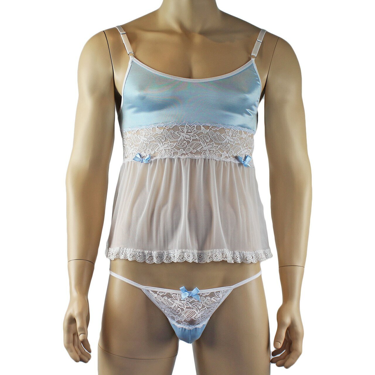 Mens Joanne Mini Babydoll Camisole & G string - Sizes up to 3XL Light Blue and White