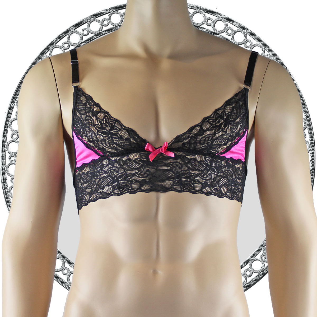 Mens Joanne Lace Bra Top Lingerie and Thong for Men Hot Pink and Black Lace