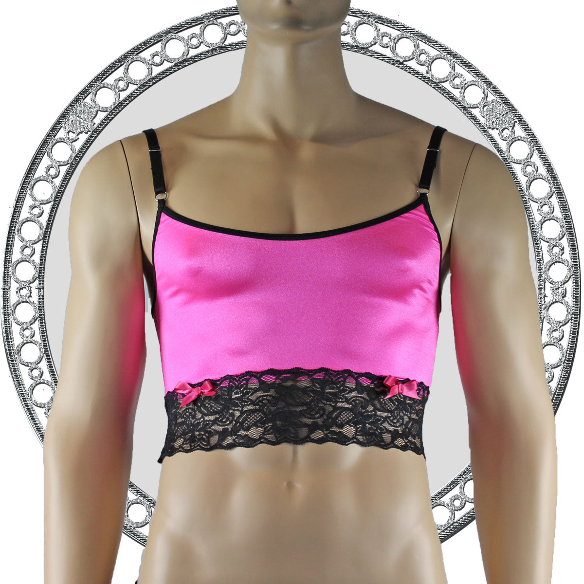 Mens Joanne Satin & Lace Crop Cami Top - Sizes up to 3XL Hot Pink and Black Lace