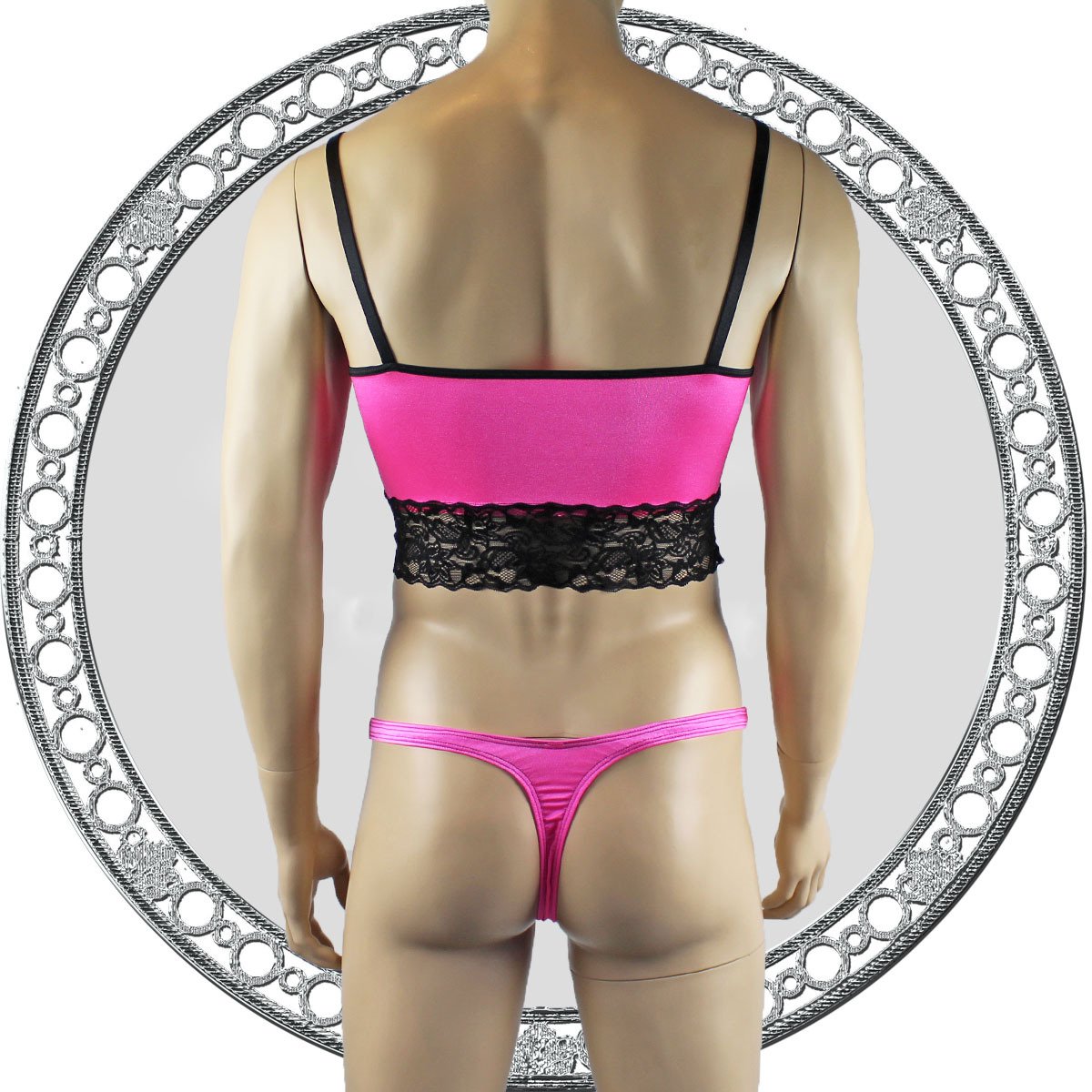 Mens Satin & Lace Crop Cami Top with Sexy Thong Hot Pink and Black
