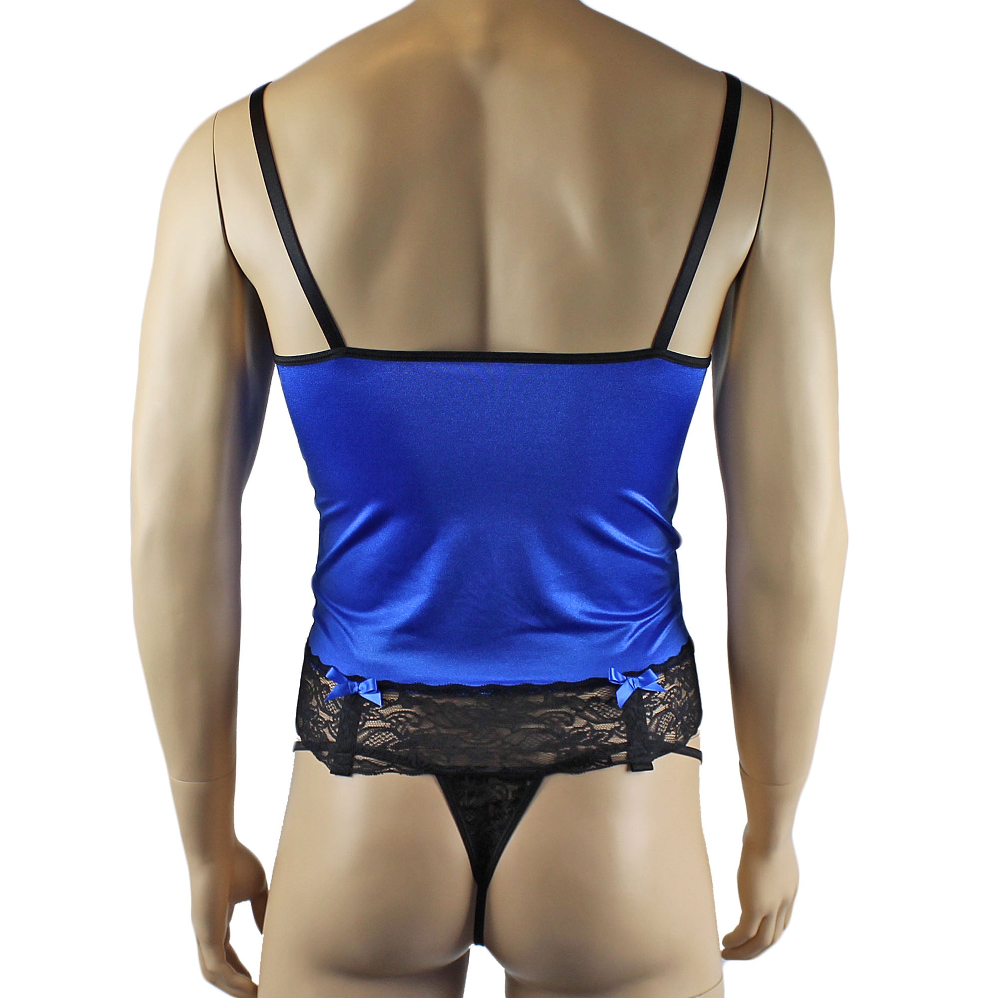 Mens Joanne Camisole Bustier Garter Top with Pouch G string & Stockings - Sizes up to 3XL Blue and Black Lace