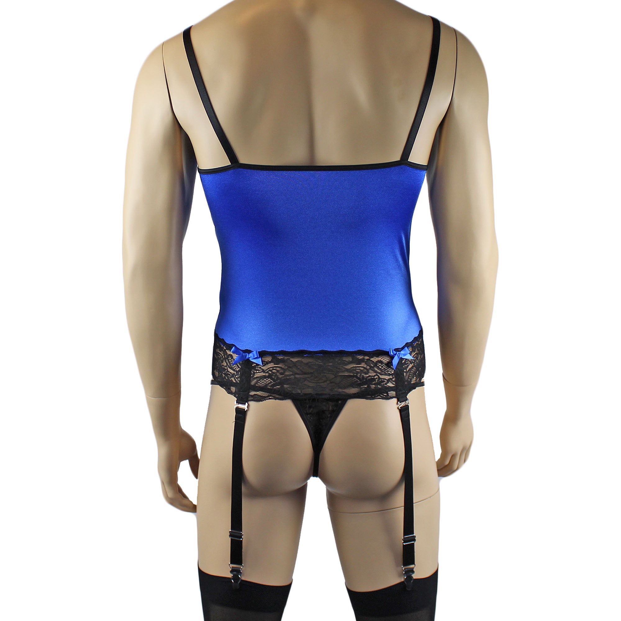 Mens Joanne Camisole Bustier Garter Top with Pouch G string & Stockings - Sizes up to 3XL Blue and Black Lace