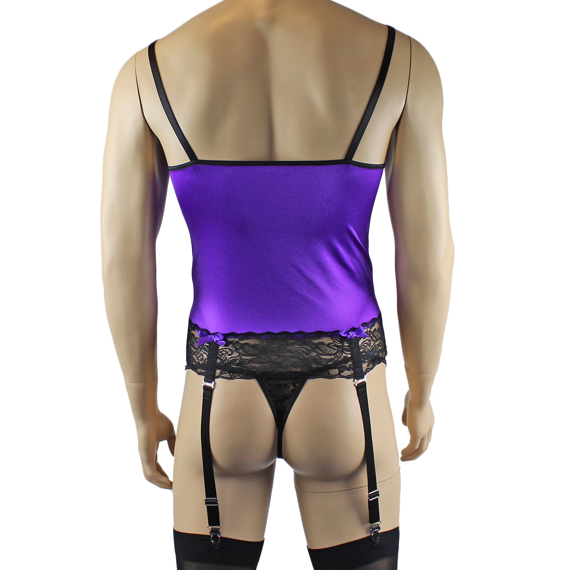 Mens Joanne Camisole Bustier Garter Top with Pouch G string & Stockings - Sizes up to 3XL Purple and Black Lace