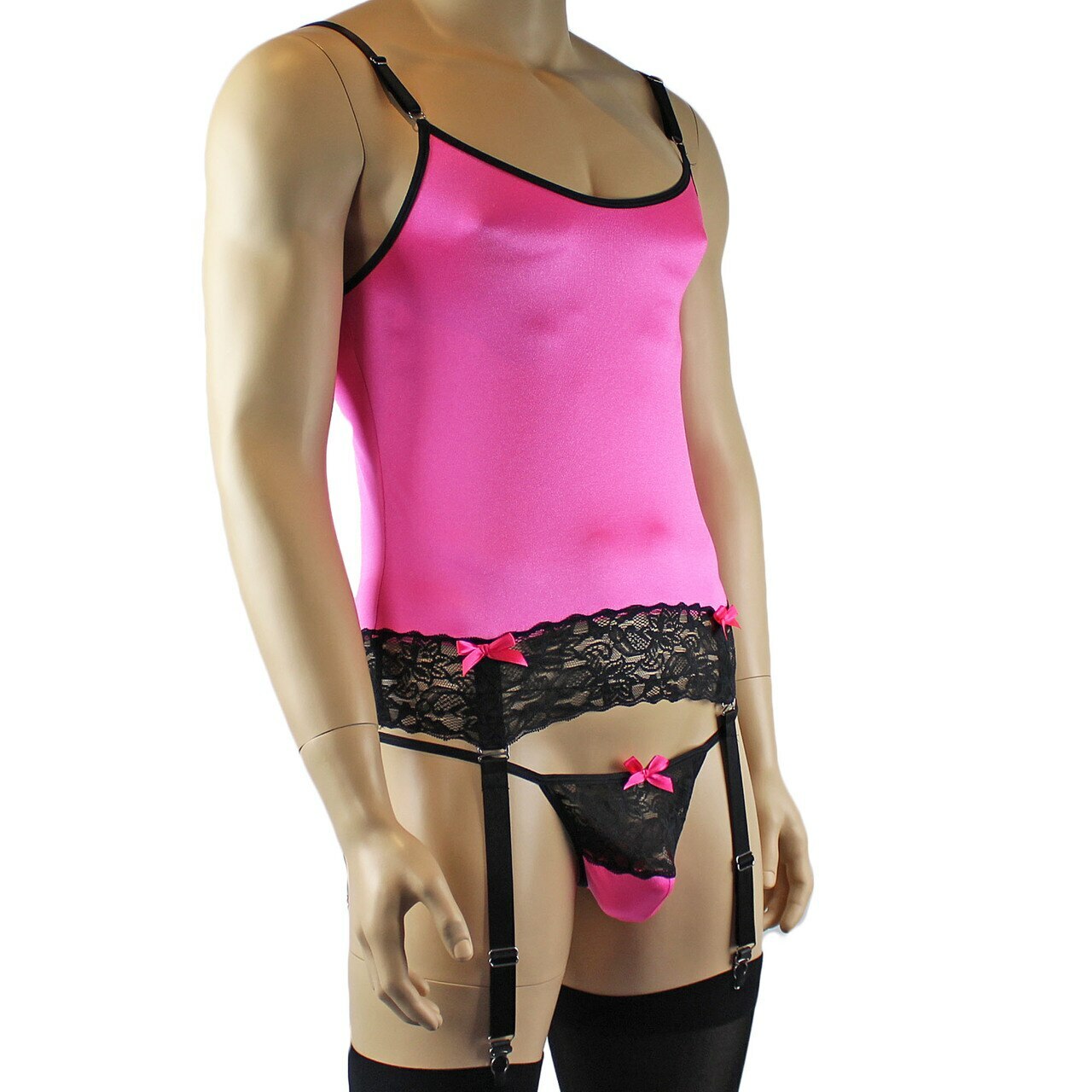 Mens Joanne Camisole Bustier Garter Top with Pouch G string & Stockings - Sizes up to 3XL Hot Pink and Black Lace