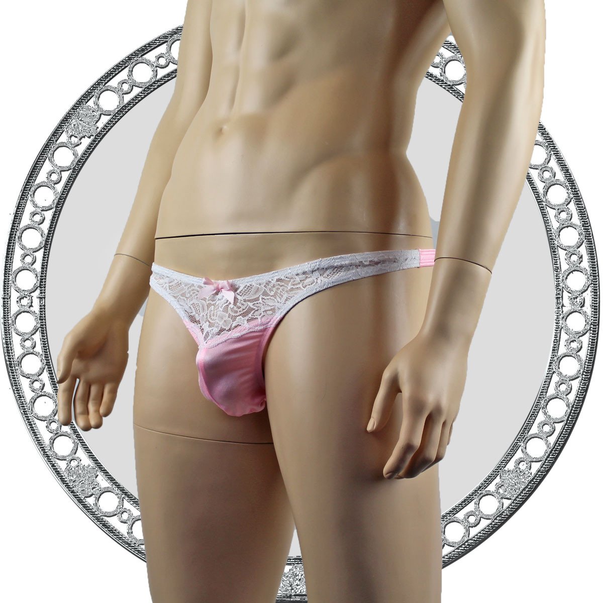 Mens Underwear Lacey Lovelies Thong Pink and White