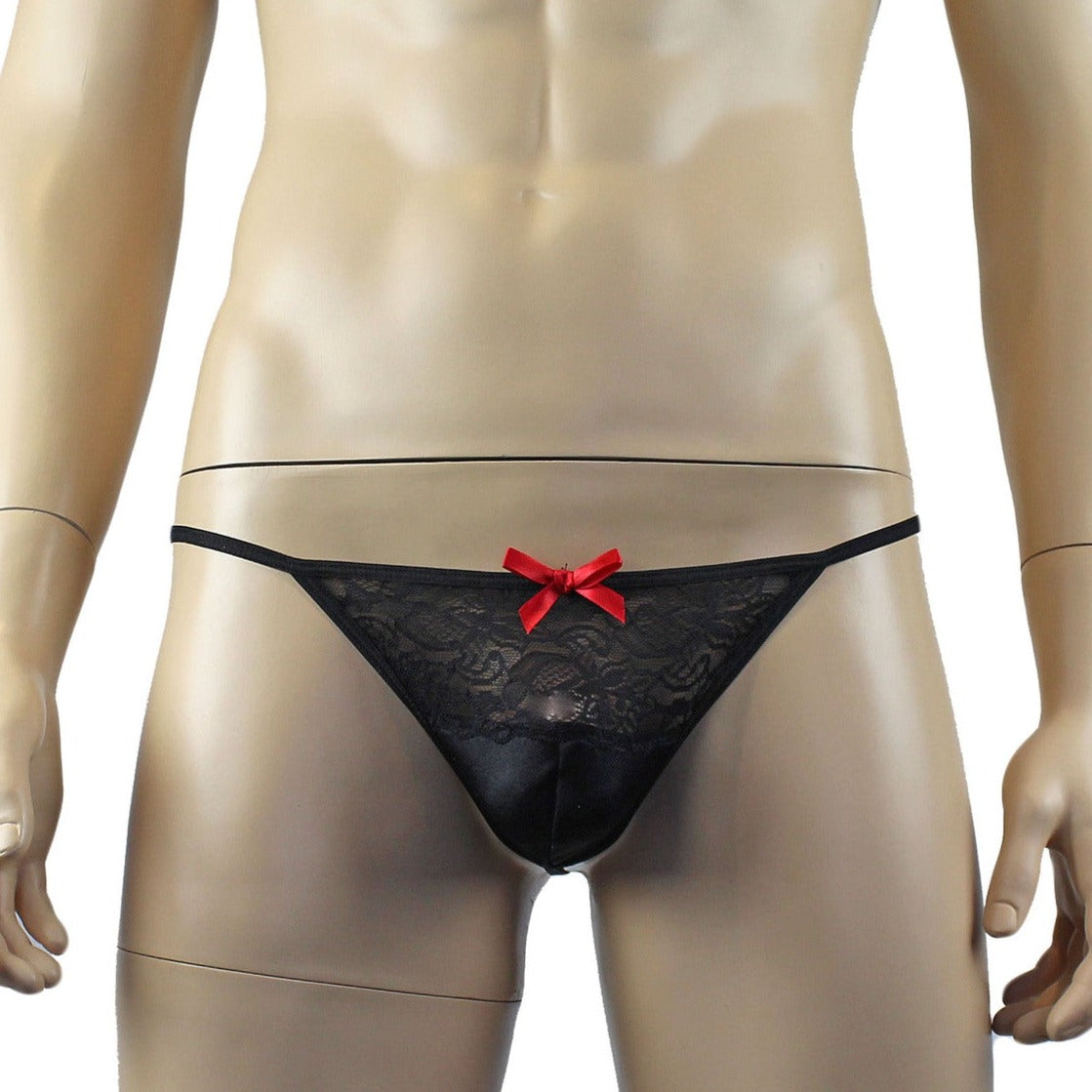 Mens Joanne Lacey G string with Bow Black and Black Lace