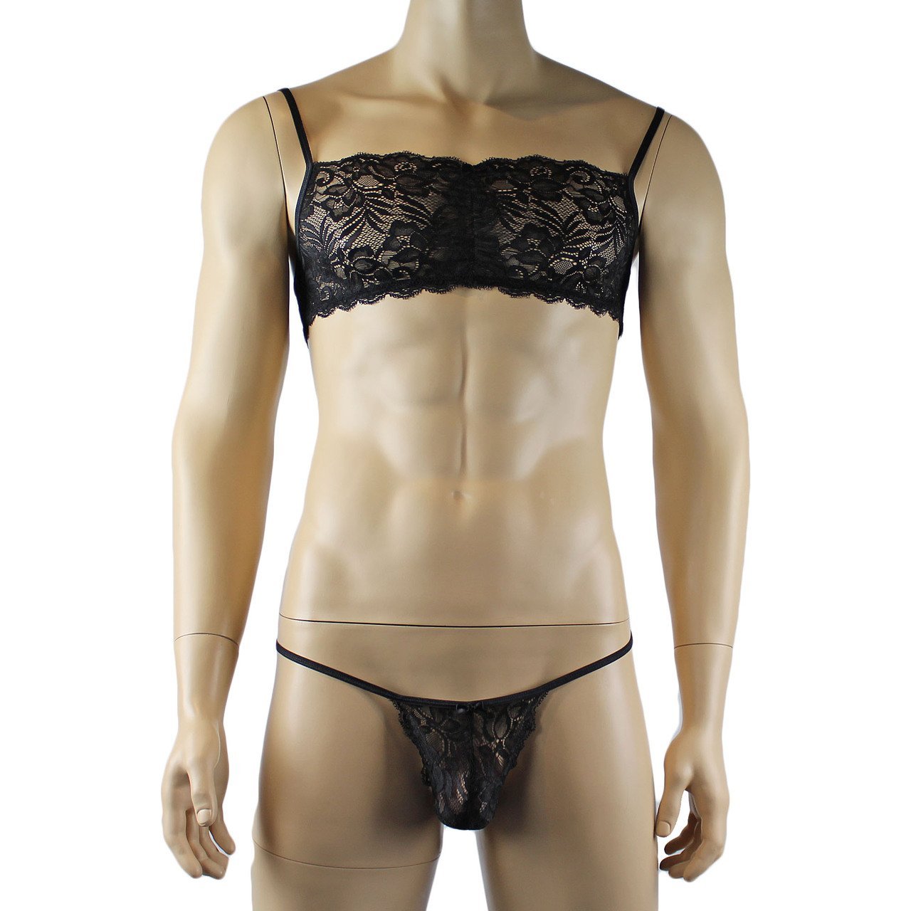 Mens Sexy Lace Bra, Pouch G string, Garterbelt & Stockings (black plus other colours)