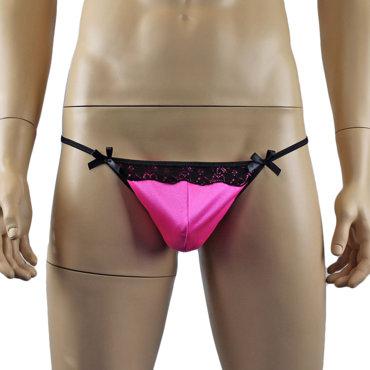 Mens Lucy Feminine Satin, Lace and Bow Pouch G string Hot Pink and Black